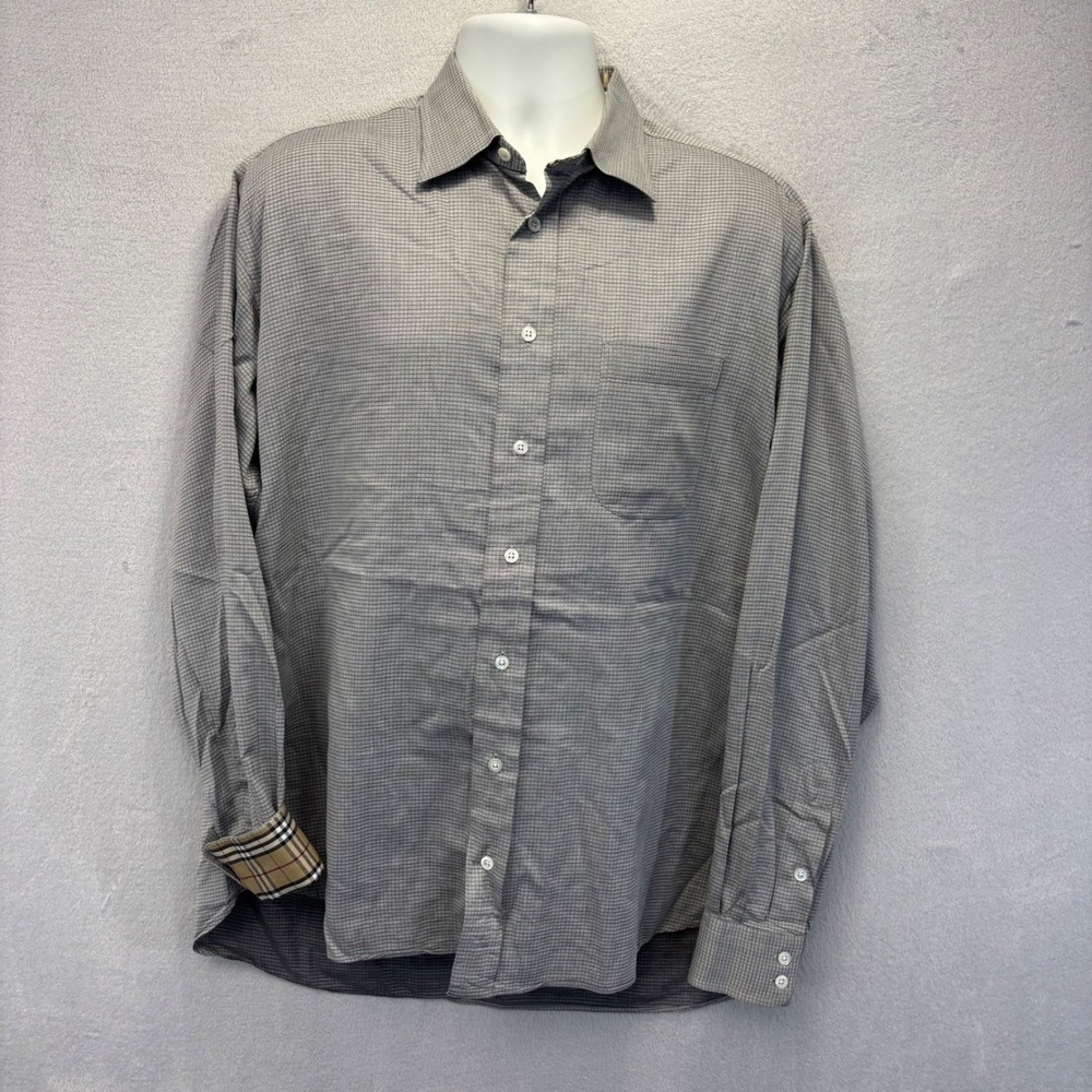 Burberry London Button Down Shirt Mens 17 L Grey Nova Check Contrast Trim Luxury